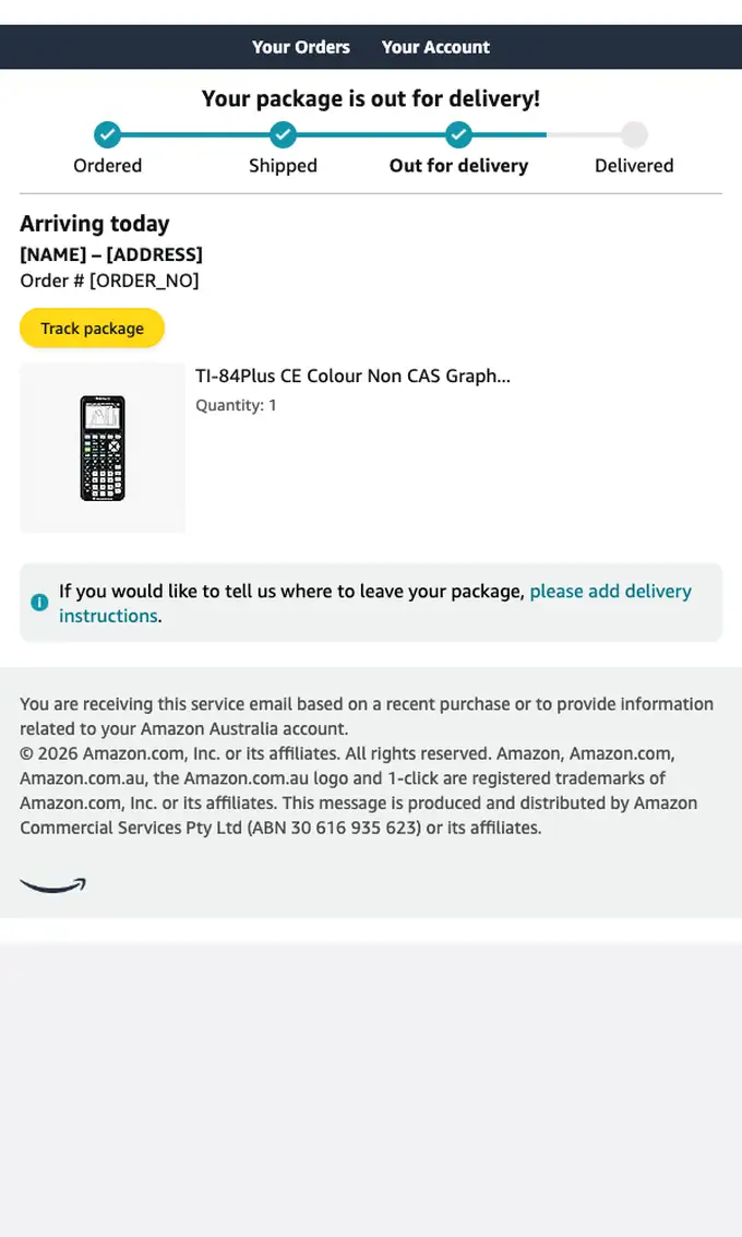 Amazon.com.au delivery email, full length