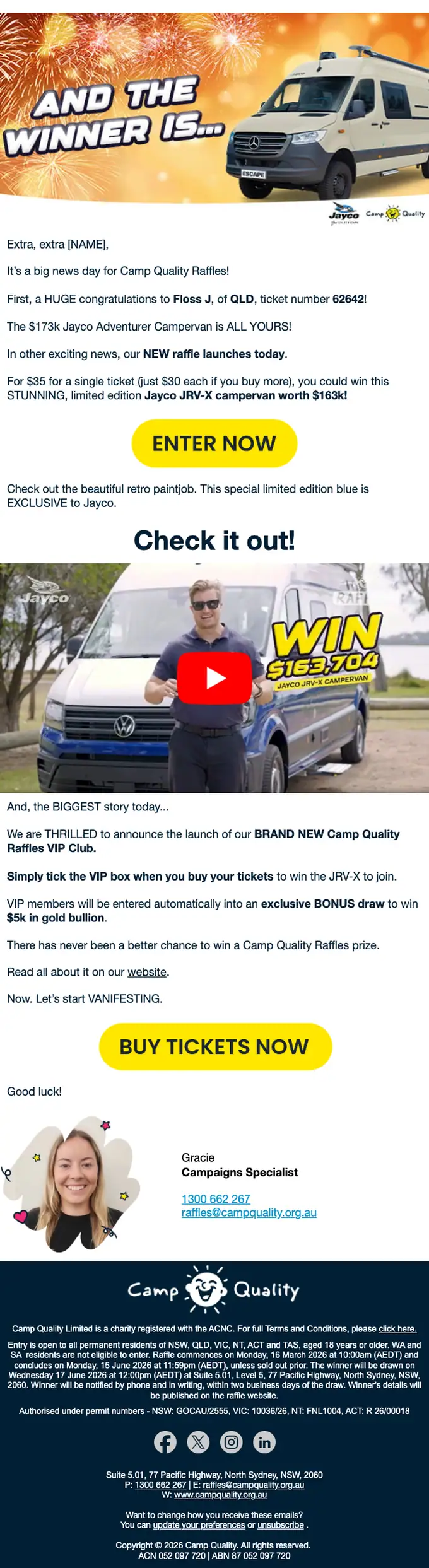 Camp Quality Raffles promotional email, full length