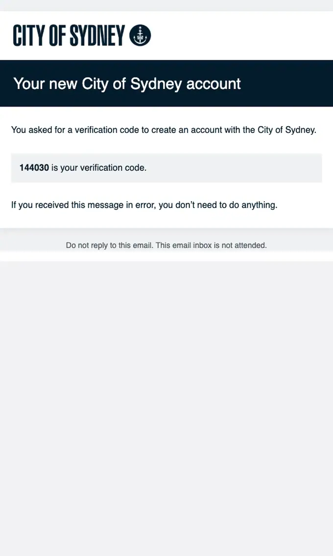 City of Sydney email verification email, full length