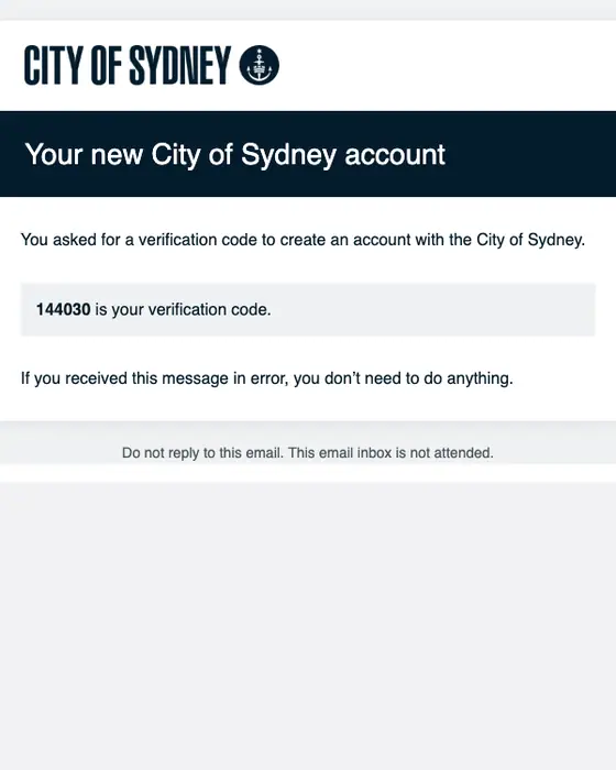 City of Sydney email verification email