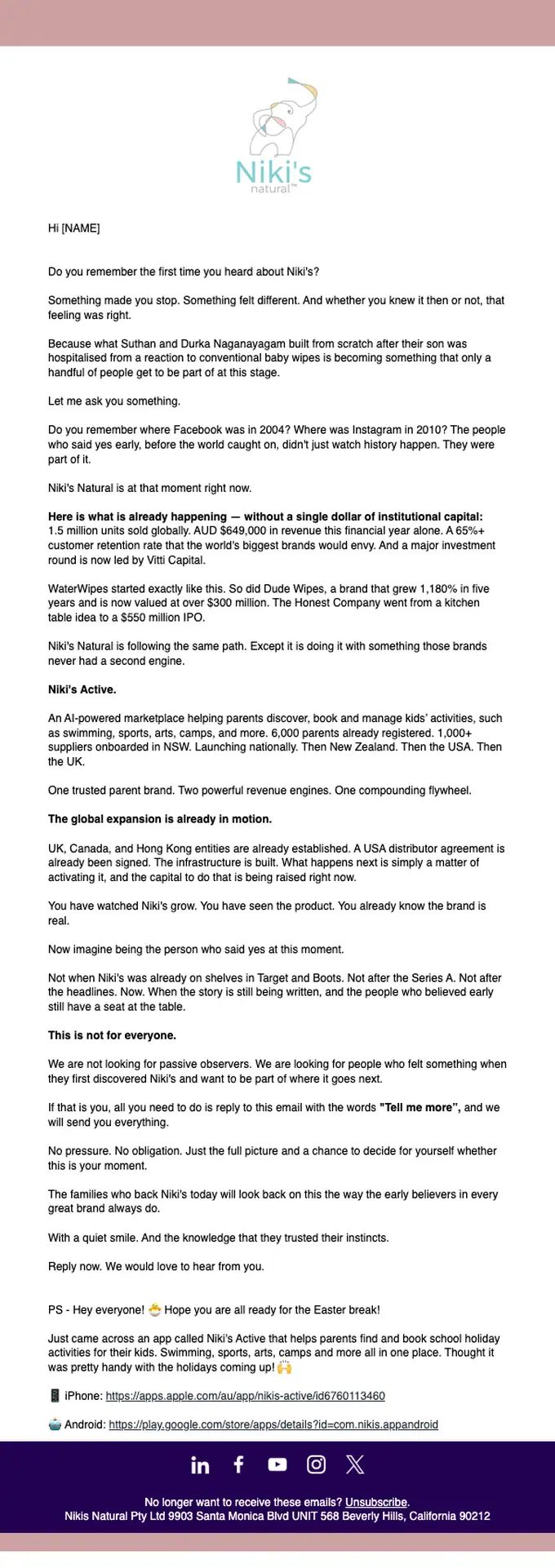Niki's Natural promotional email, full length