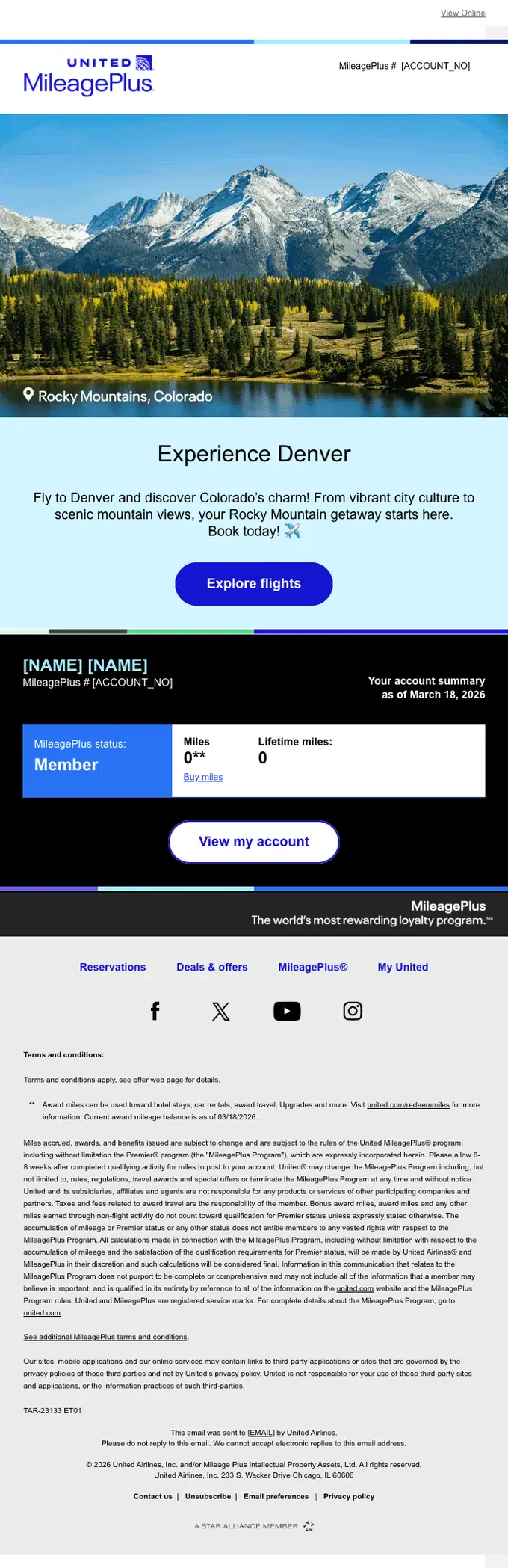 United Airlines account notice email, full length