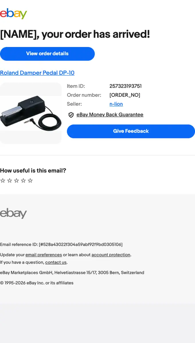 eBay delivery email, full length