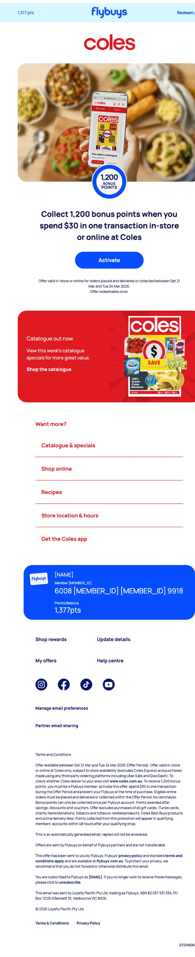 Coles at Flybuys promotional email, full length