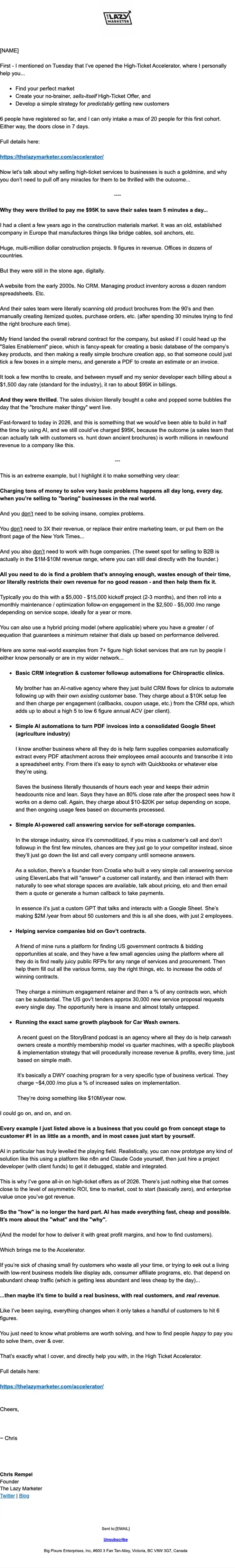 The Lazy Marketer promotional email, full length