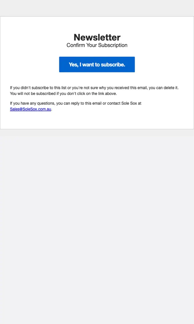 Sole Sox Australia double opt in email, full length