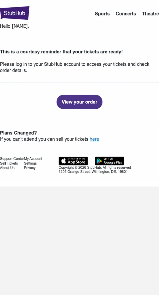 StubHub order reminder email, full length