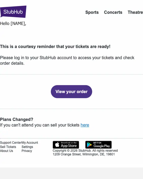 StubHub order reminder email