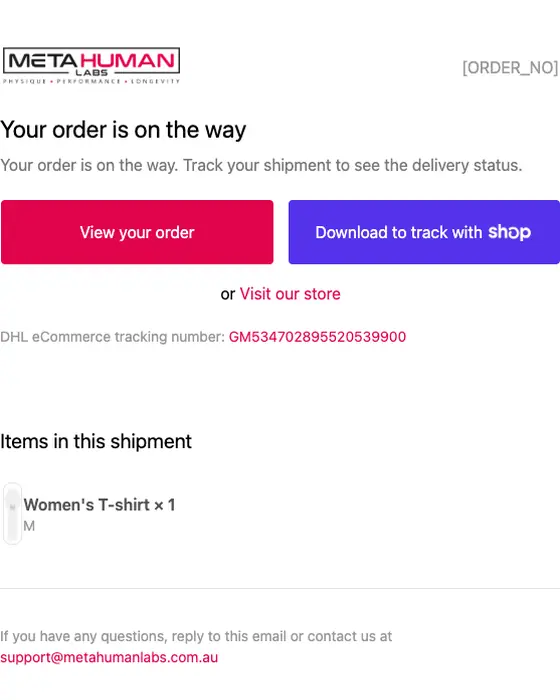 Metahuman Labs shipping email