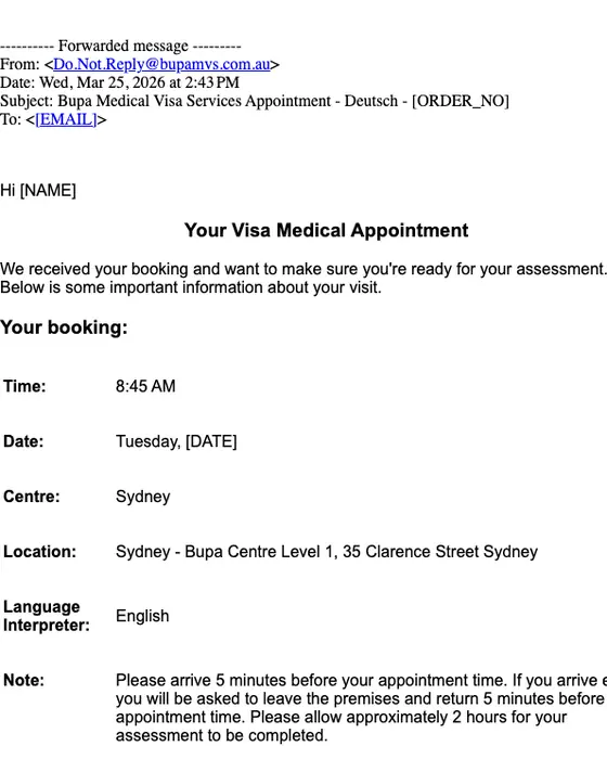 Bupa Medical Visa Services appointment email