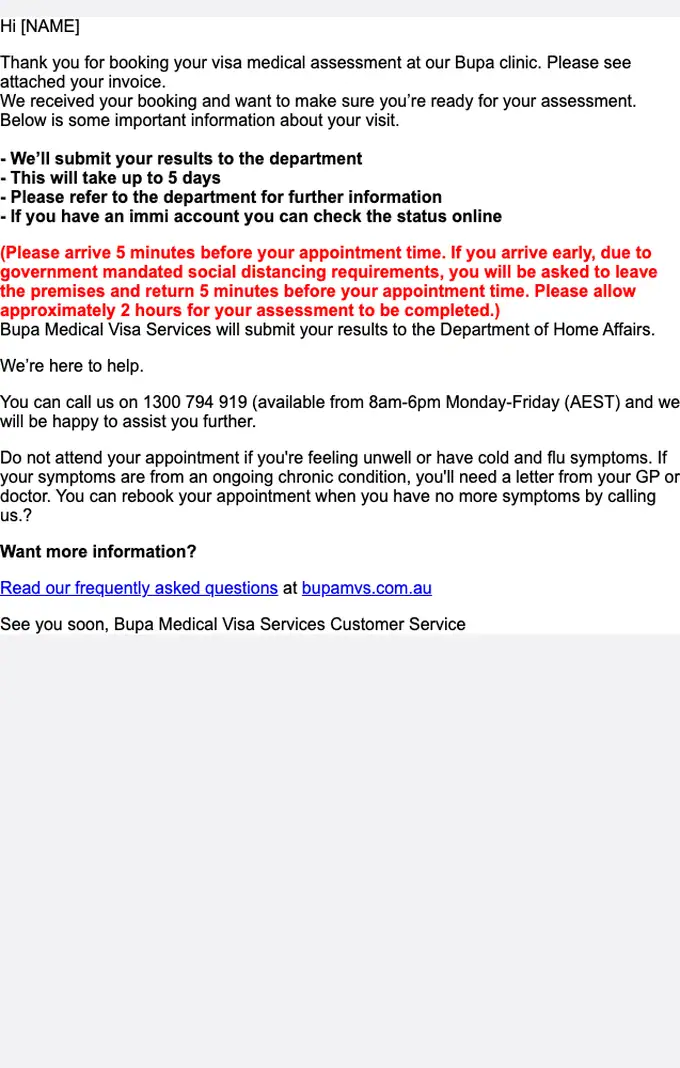 Bupa Medical Visa Services invoice email, full length