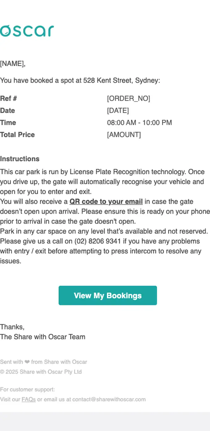 Share with Oscar booking confirmation email, full length