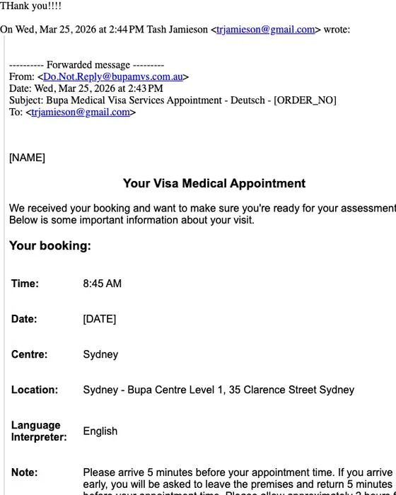 Bupa Medical Visa Services appointment email