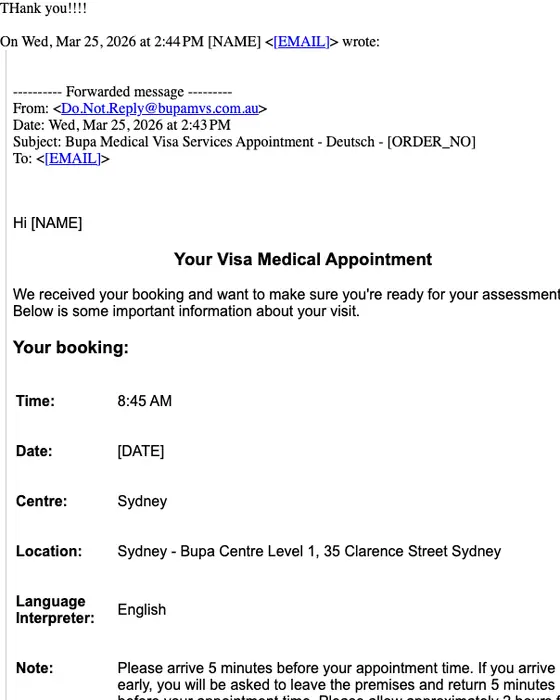 Bupa Medical Visa Services appointment email