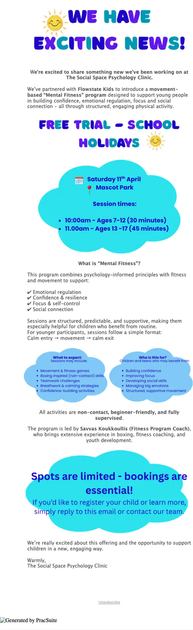 The Social Space Psychology Clinic promotional email, full length