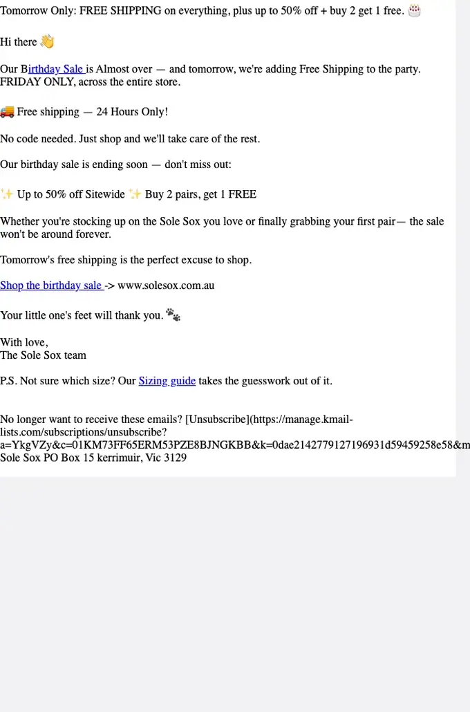 Sole Sox Australia sale email, full length