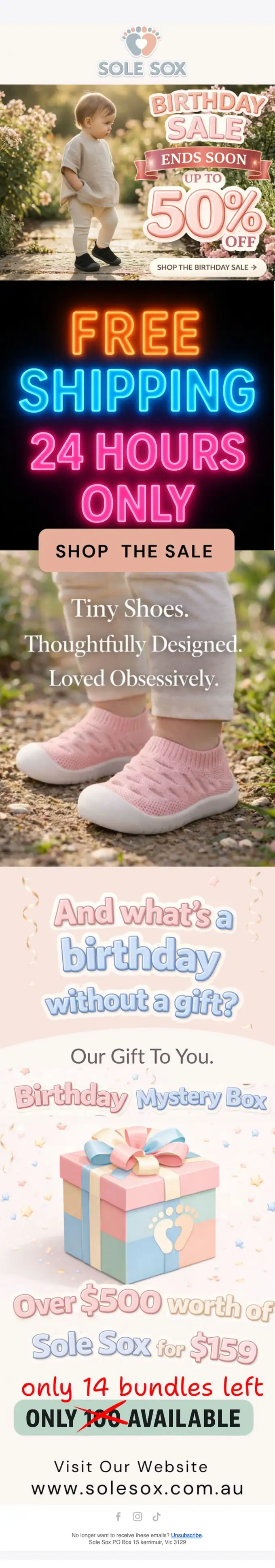 Sole Sox Australia promotional email, full length
