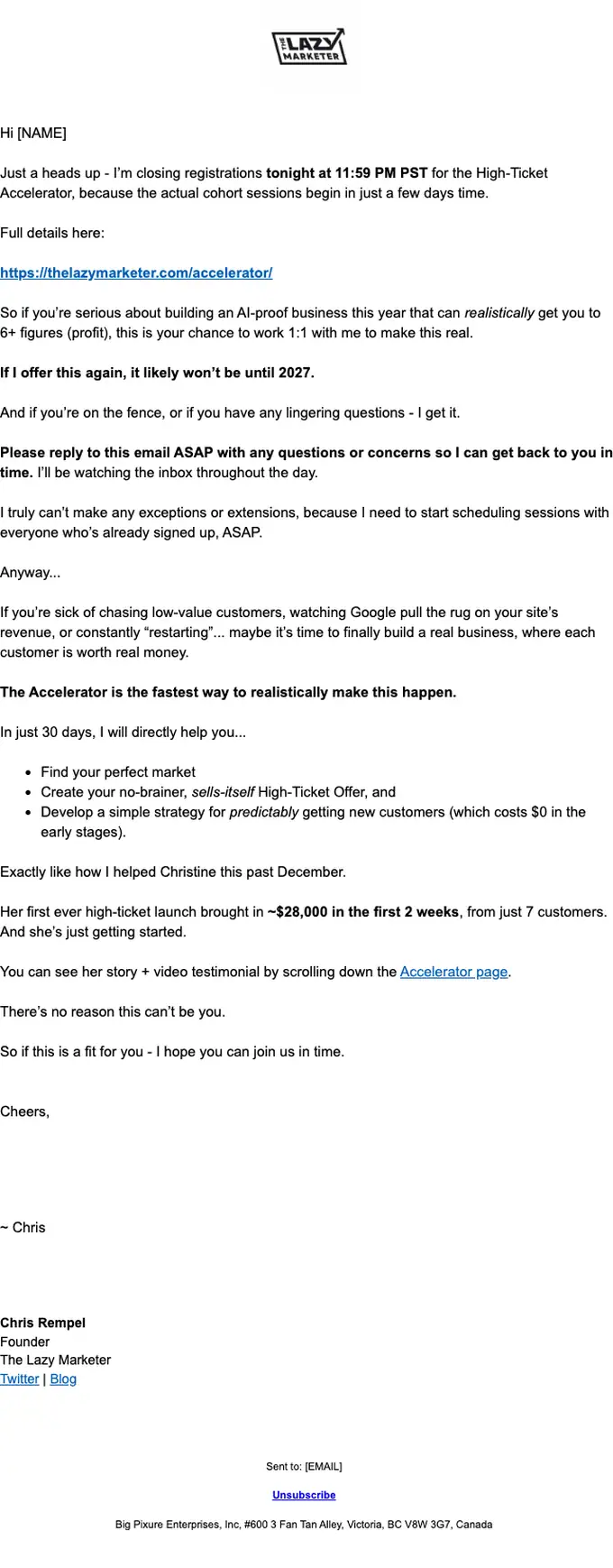The Lazy Marketer expiration notice email, full length