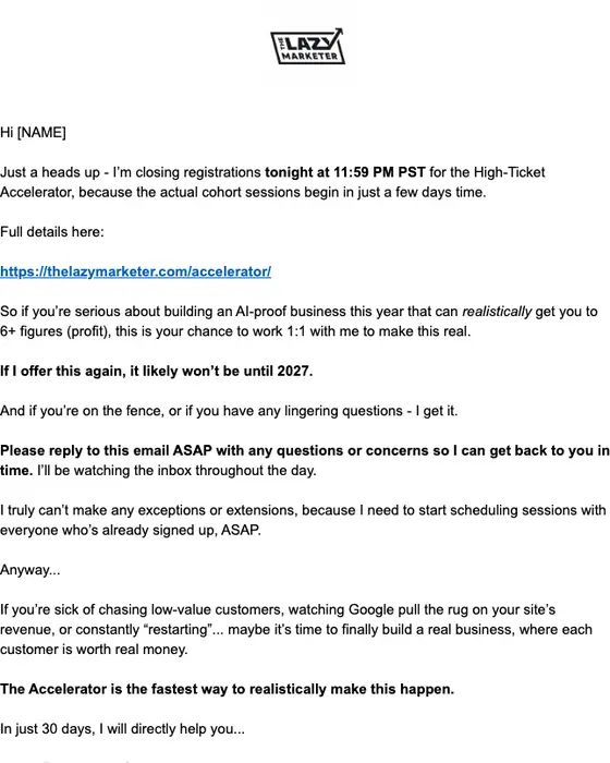 The Lazy Marketer expiration notice email