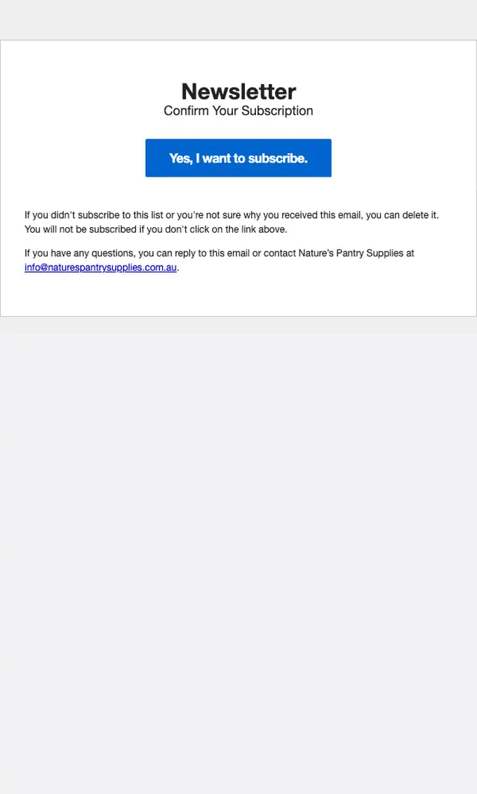 Nature’s Pantry Supplies double opt in email, full length