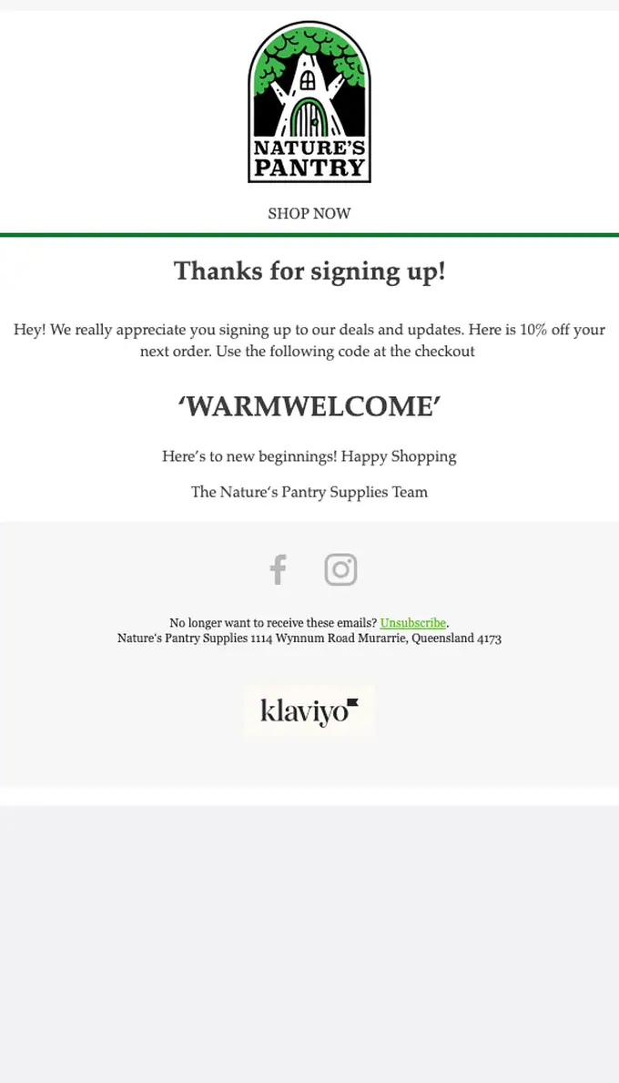 Nature's Pantry Supplies welcome email, full length