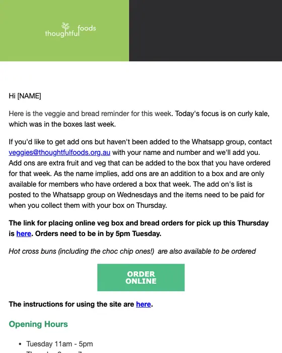 Thoughtful Foods order reminder email