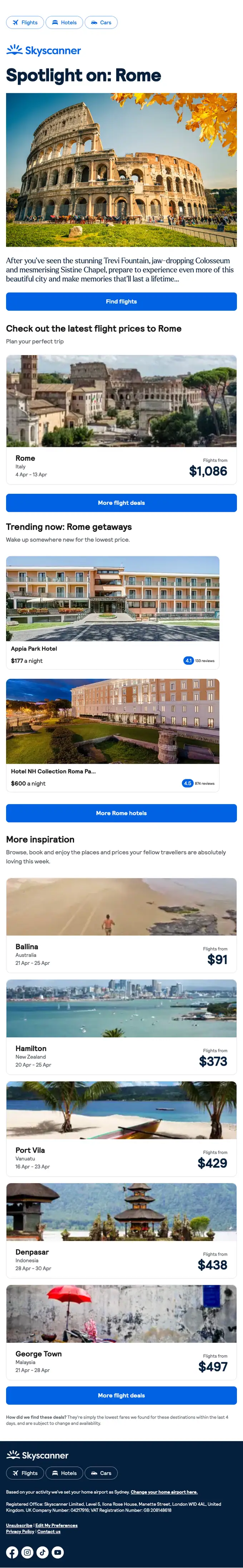 Skyscanner newsletter email, full length