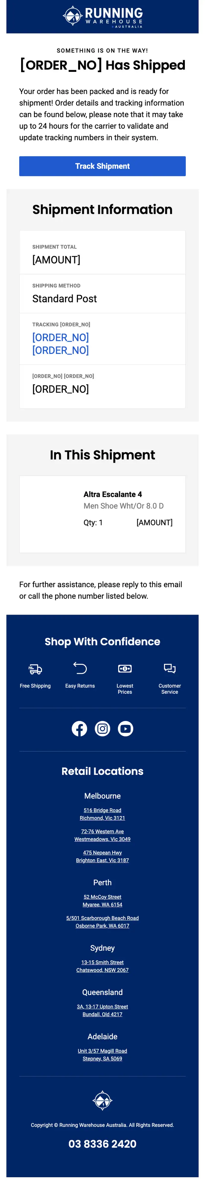 Running Warehouse Australia shipping email, full length