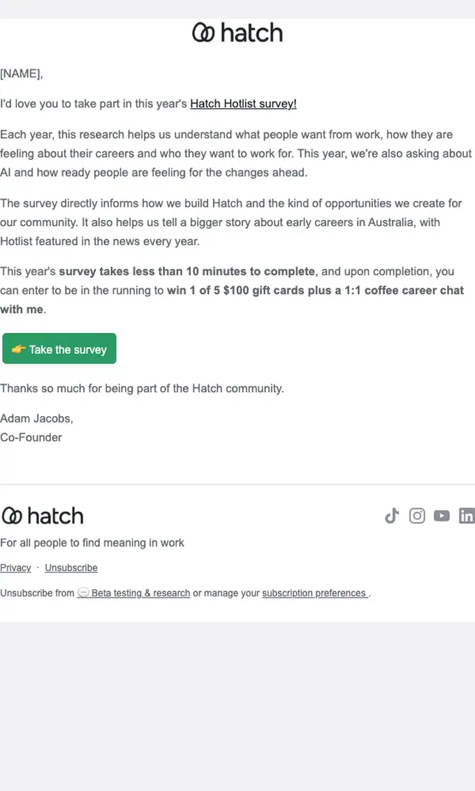 Hatch survey email, full length