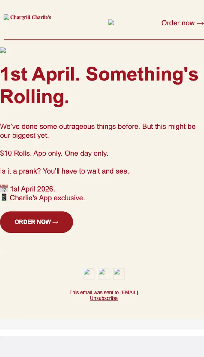 Chargrill Charlie's promotional email, full length