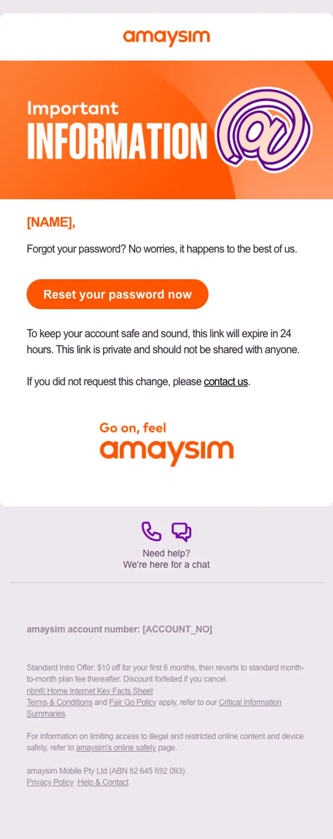 amaysim password reset email, full length