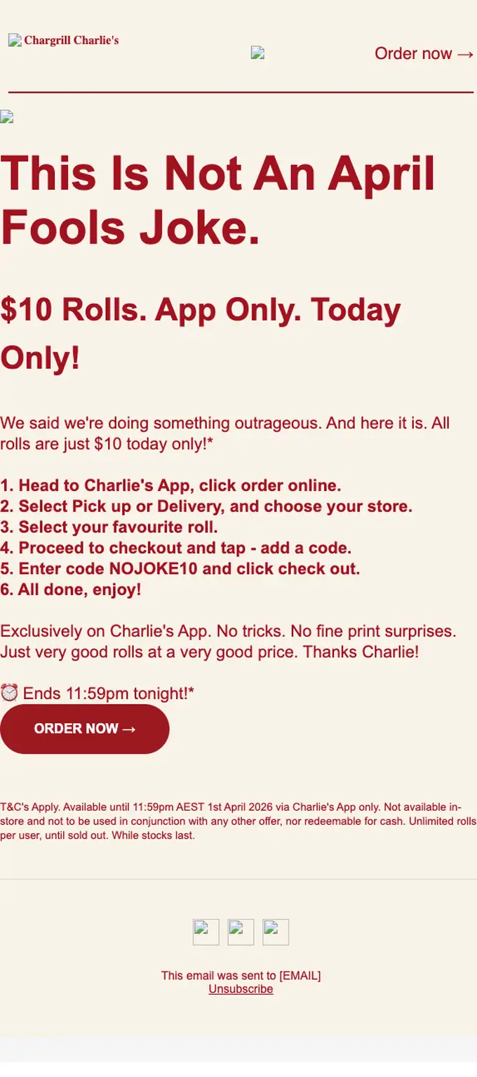 Chargrill Charlie's promotional email, full length