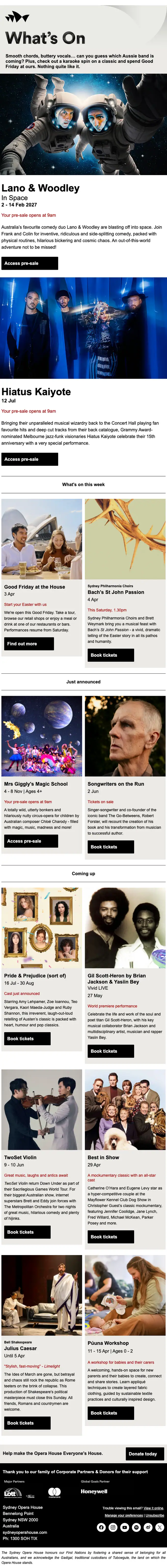 Sydney Opera House newsletter email, full length