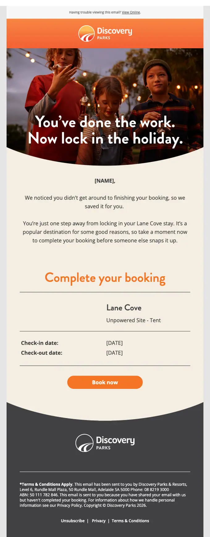 Discovery Parks & Resorts abandoned cart email, full length