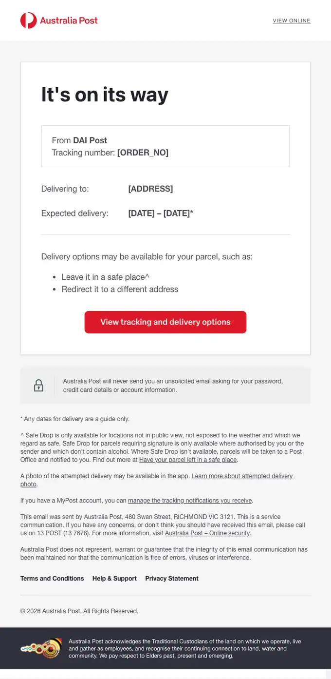 Australia Post shipping email, full length