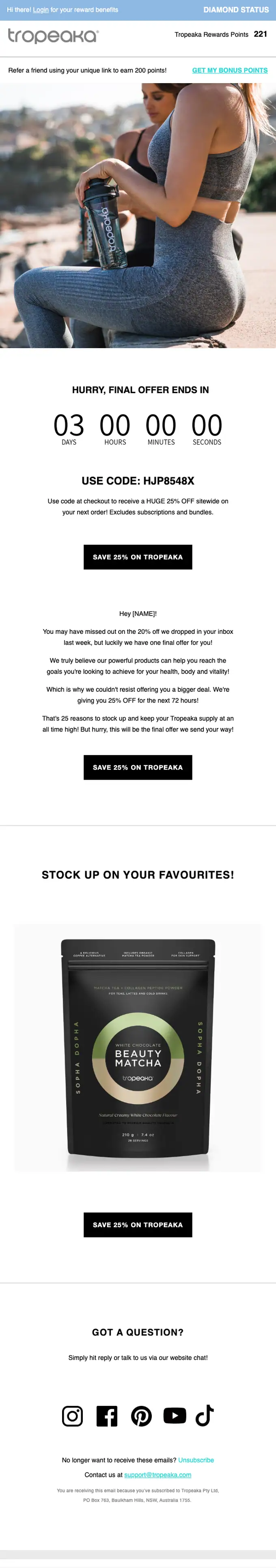 Tropeaka discount offer email, full length