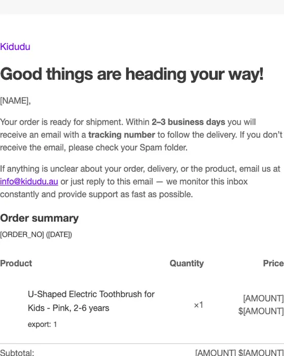 Kidudu order confirmation email