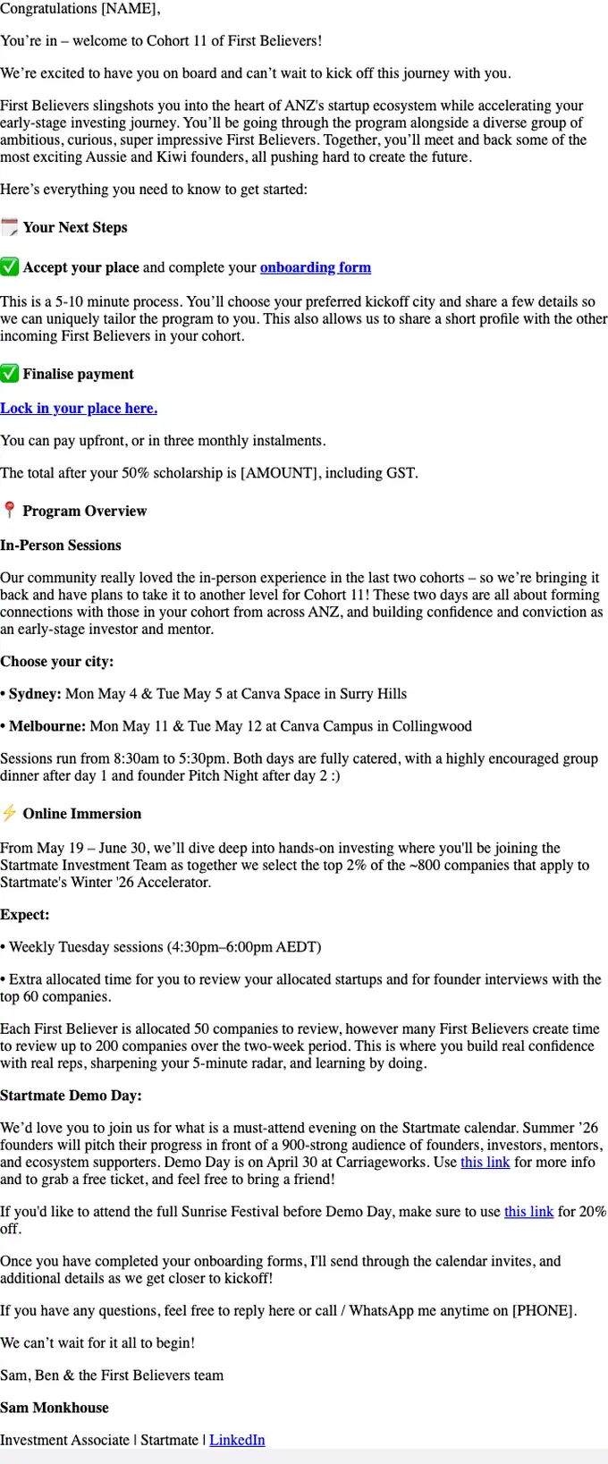 Startmate welcome email, full length