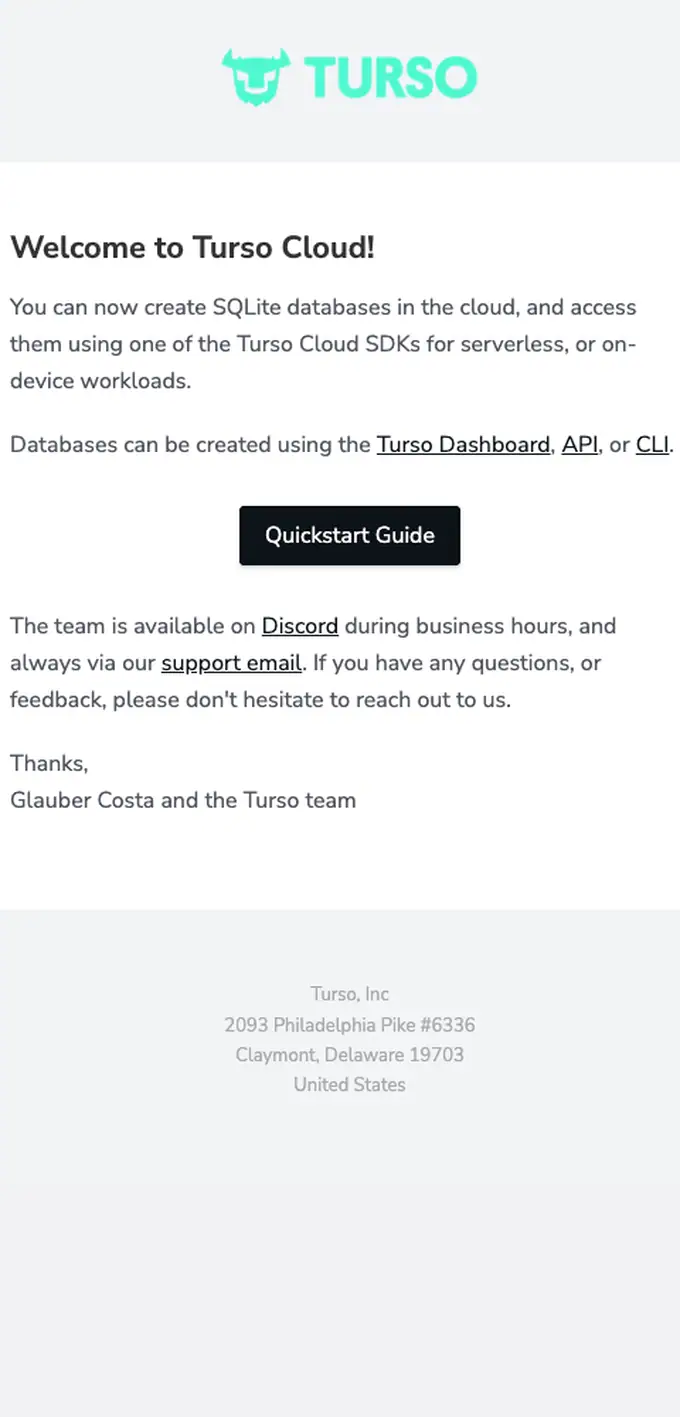 Turso welcome email, full length