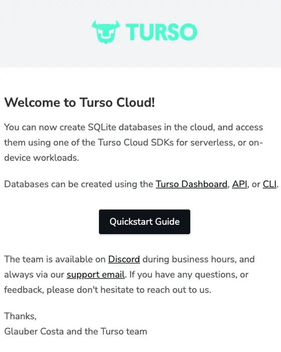 Turso welcome email