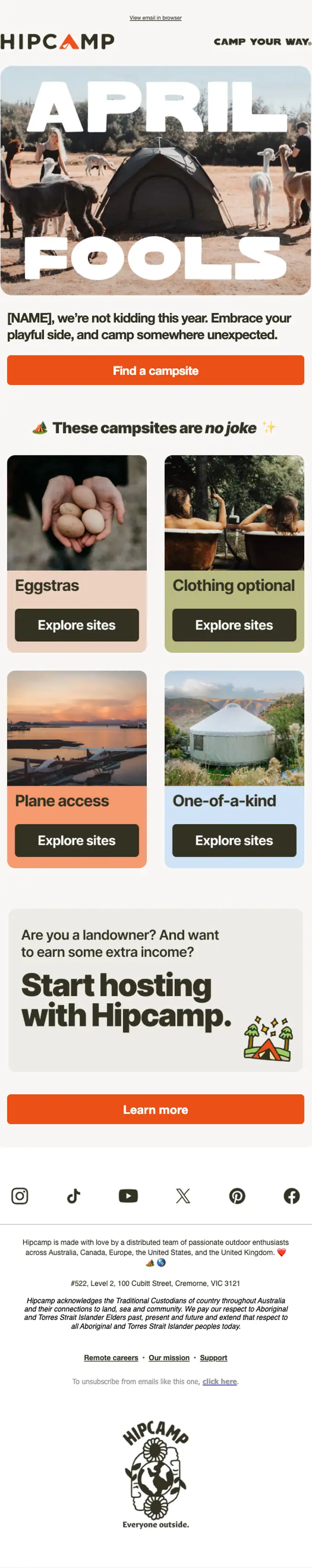 Hipcamp promotional email, full length