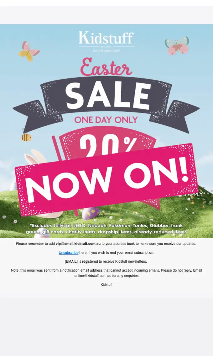 Kidstuff sale email, full length