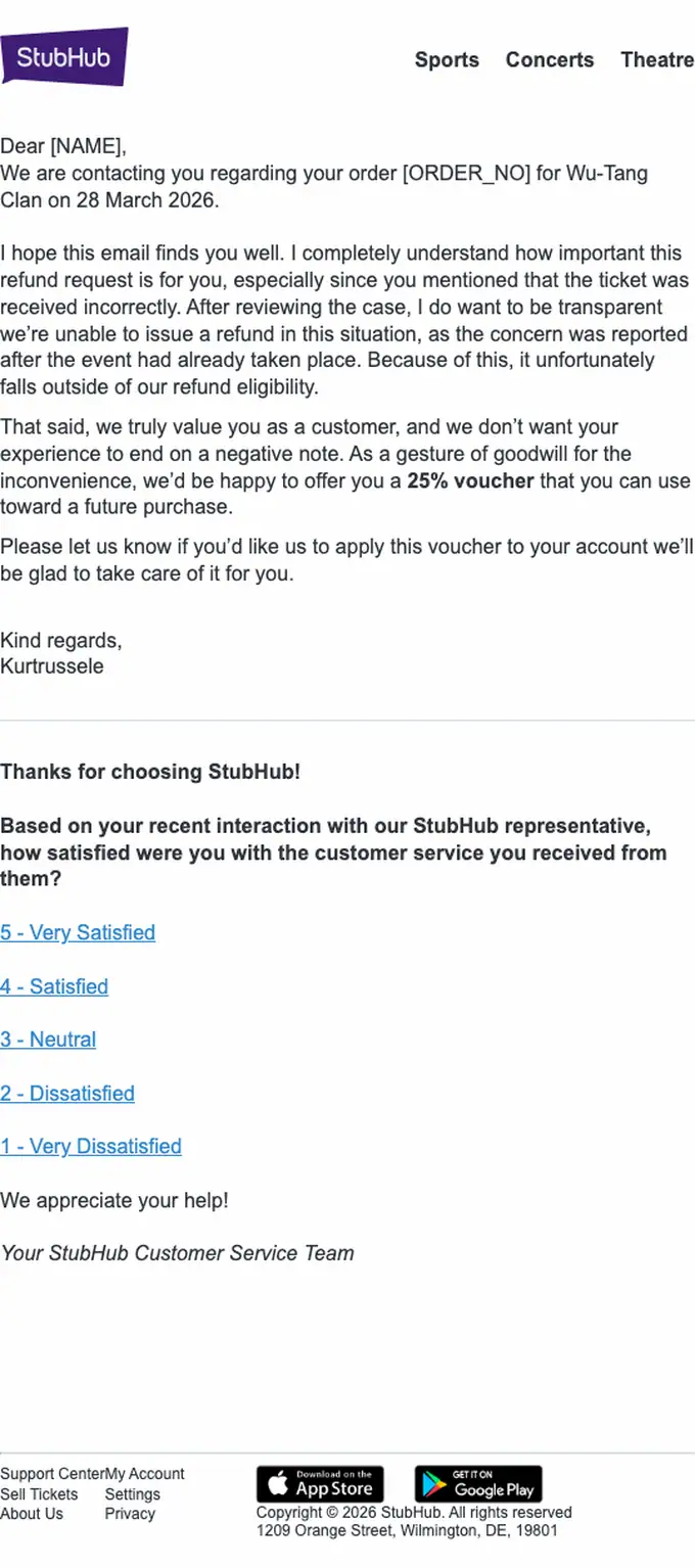 StubHub account notice email, full length