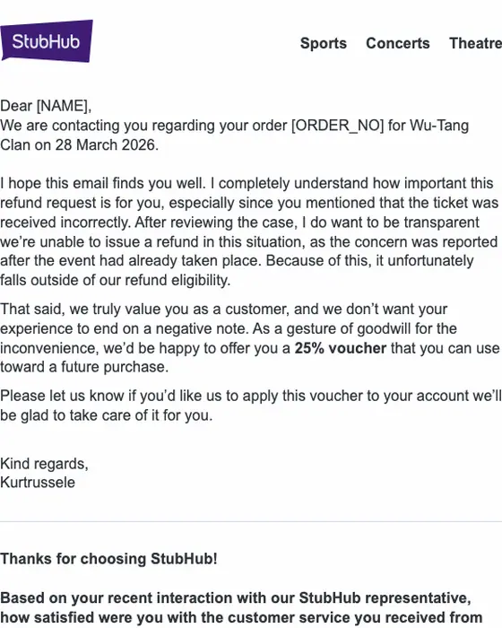 StubHub account notice email