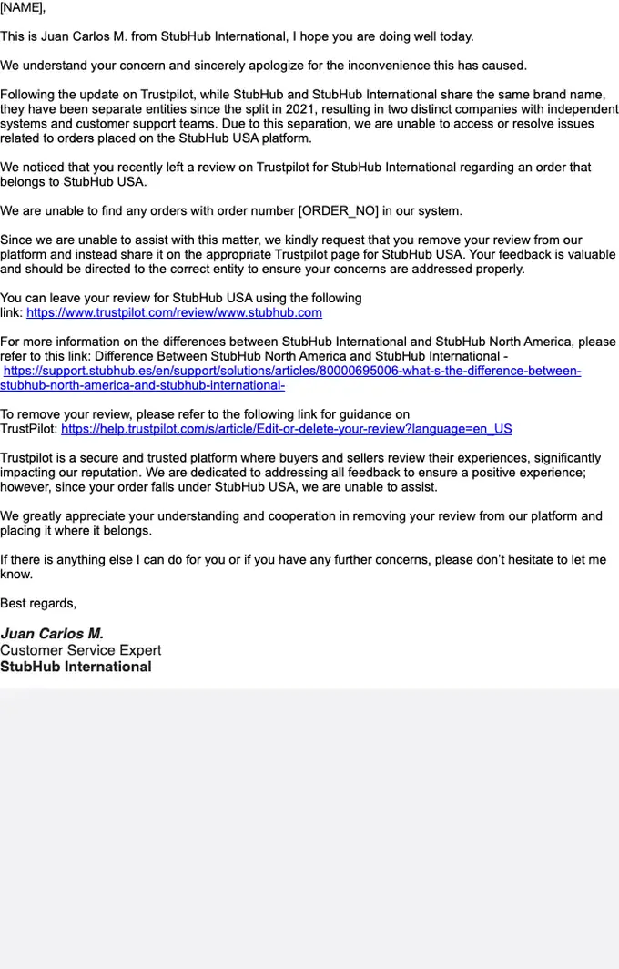 StubHub International account notice email, full length