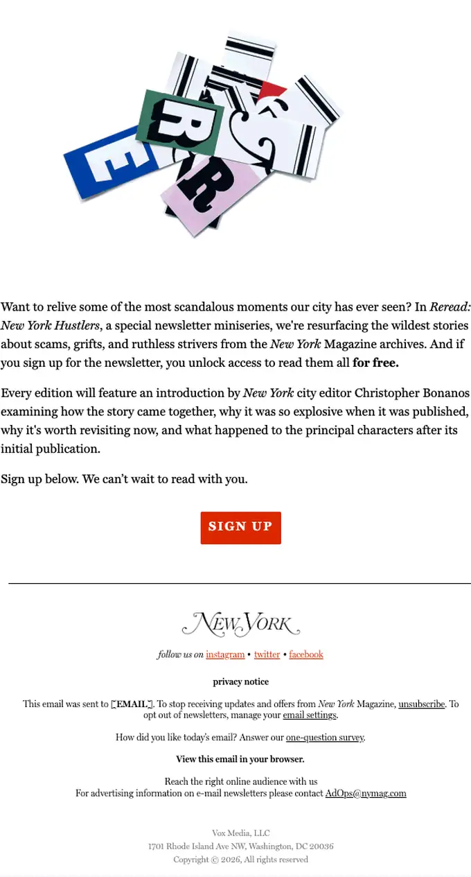 New York Magazine promotional email, full length