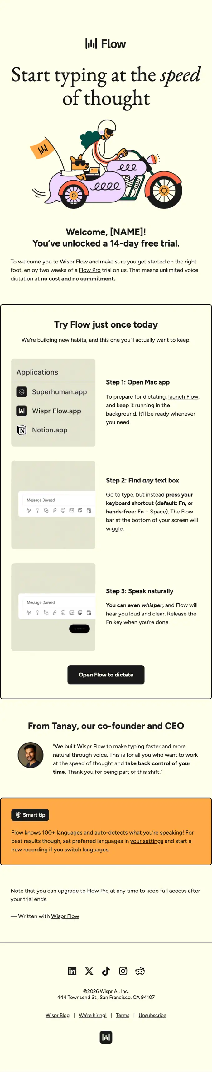 Wispr Flow welcome email, full length