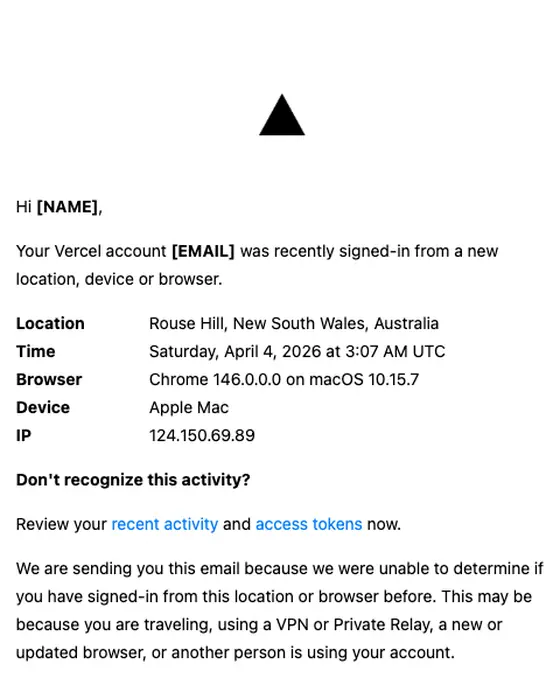 Vercel security alert email