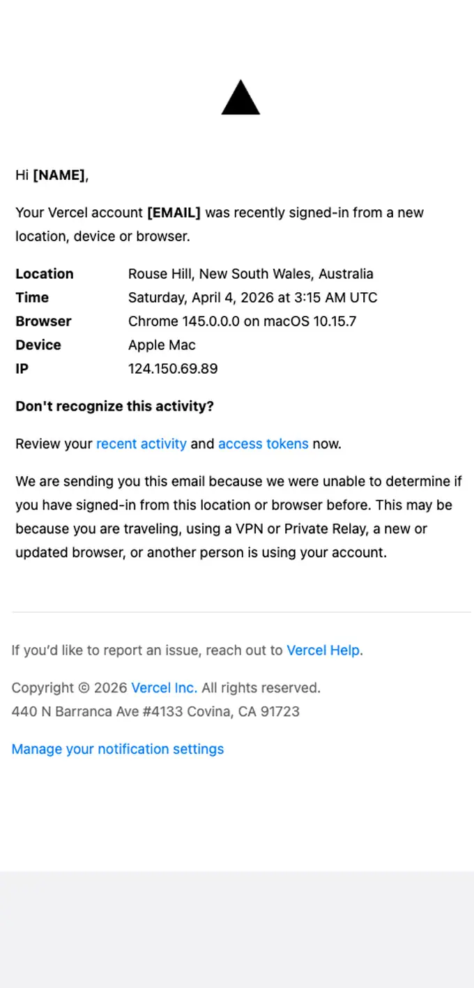Vercel security alert email, full length