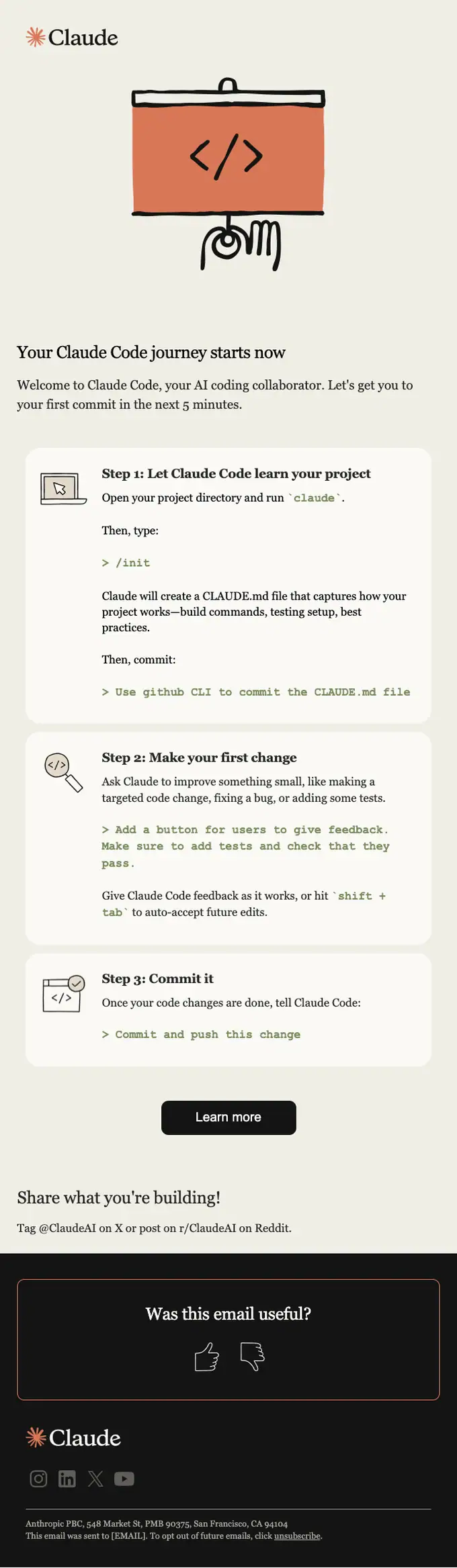 Claude Code welcome email, full length